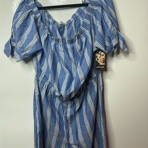 Blue Striped Off-Shoulder Jumpsuit